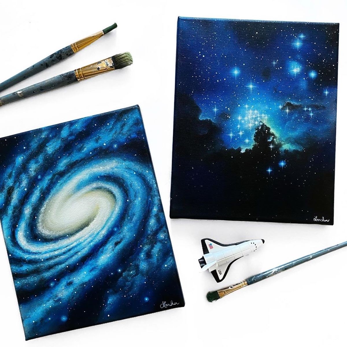 She uses acrylic paint to render scenes that are out of this world.