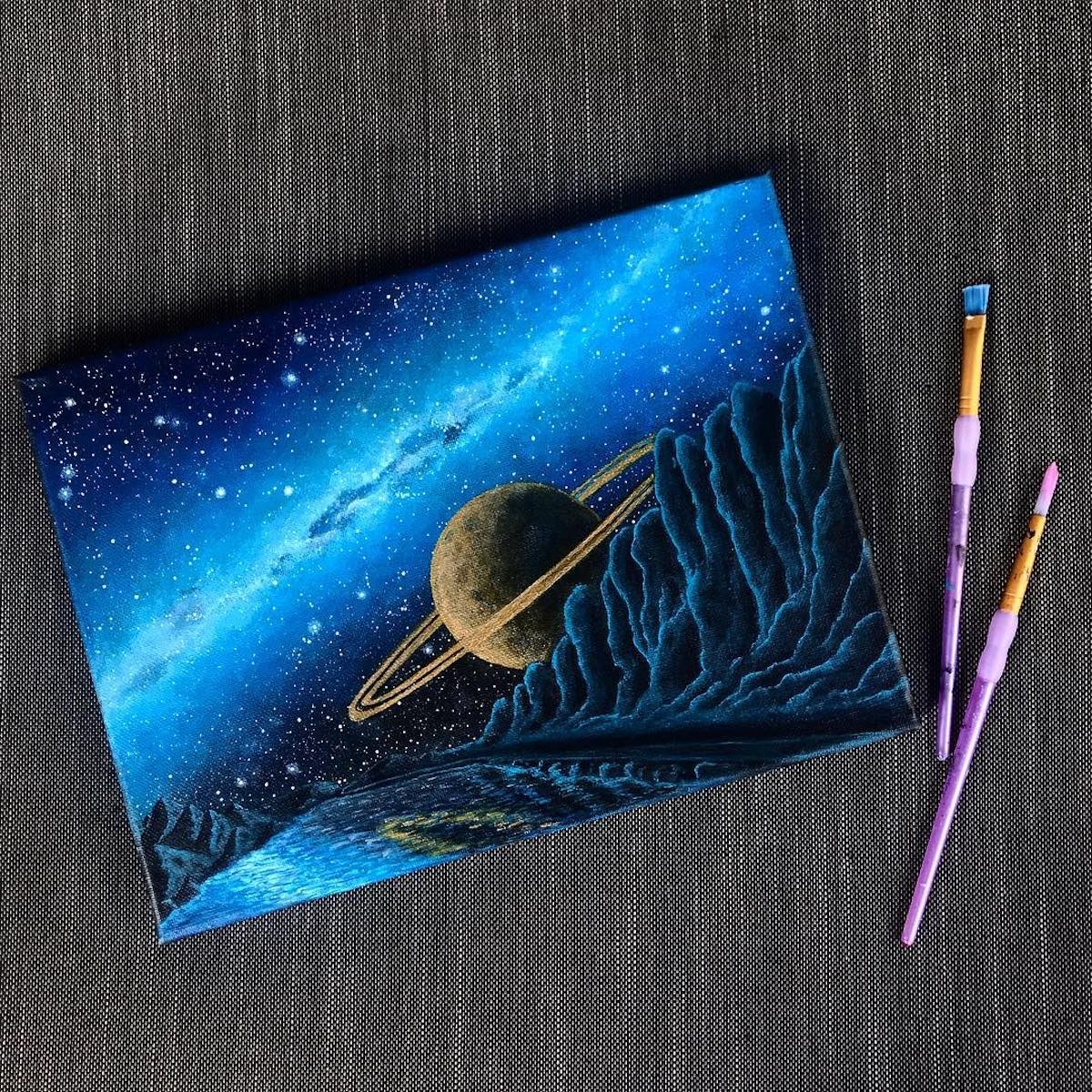 She uses acrylic paint to render scenes that are out of this world.