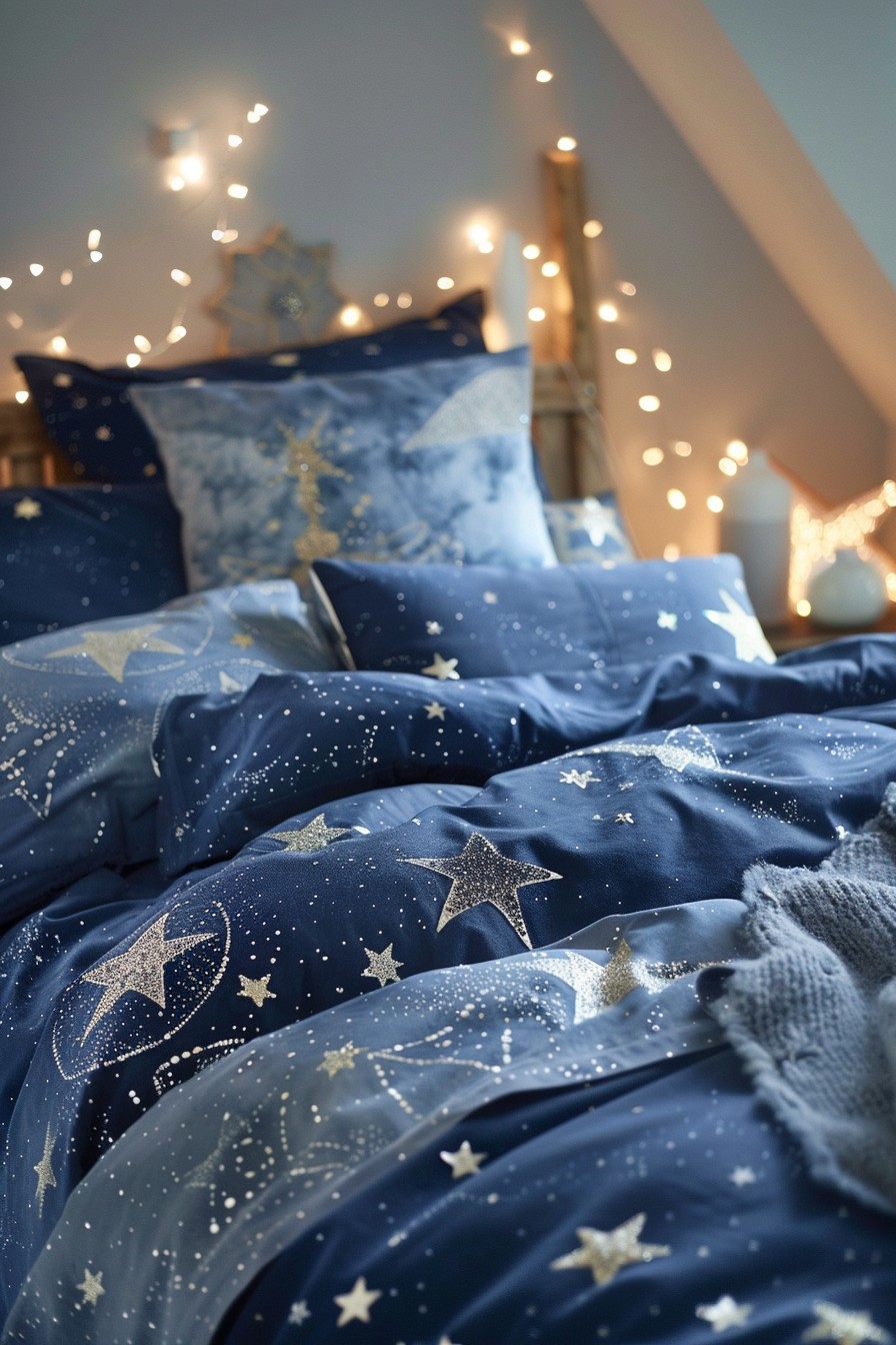 Navy Blue and Silver Star-Patterned Bedding